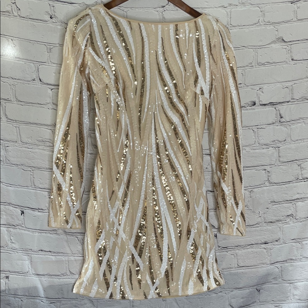 SHEIN Cream Gold Sequin Long Sleeve Dress Size 4 Excellent Condition